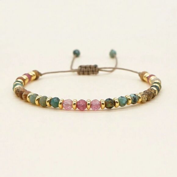 Multi Semi Precious Gemstone Crystal Beaded Bracelet Adjustable Boho Earth Tones - Picture 1 of 3